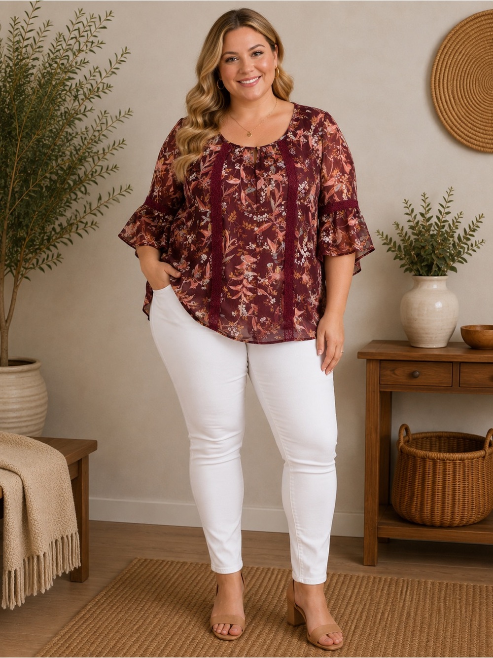 LC Lauren Conrad Burgundy Floral Lace-Trim Peasant Top